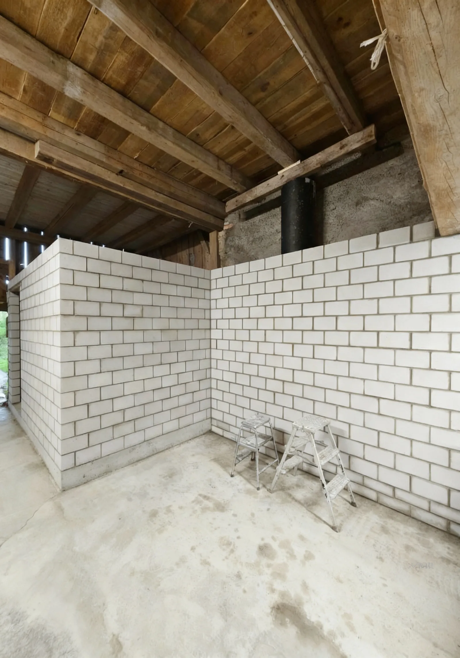 Bauernhaus-Innenausbau — alte Balken, neue verputzte Wände